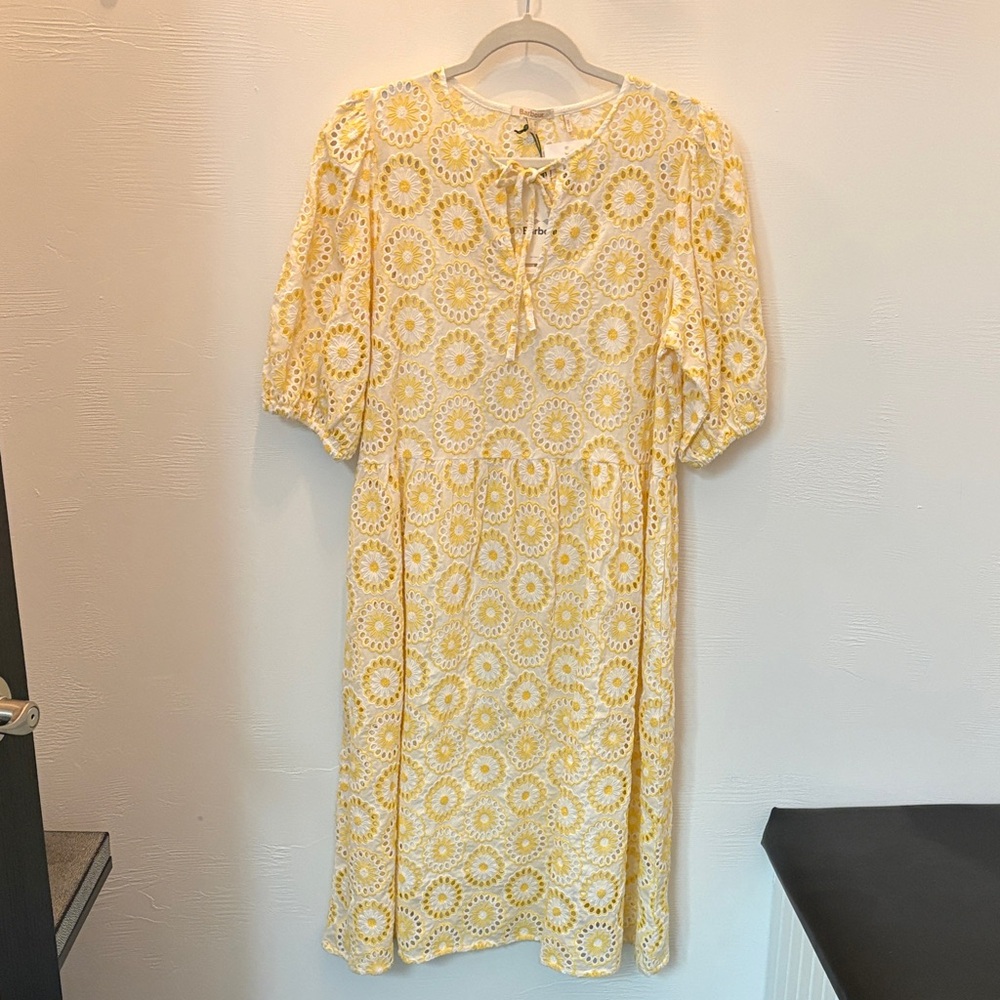 Barbour Yellow Eyelet Tie-Neck Midi Dress